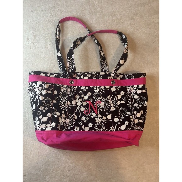 thirty-one Handbags - Thirty-One Large Black White Pink Canvas Floral Swirls Monogram N Purse Tote Bag